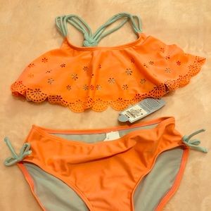 Lime green,grey and peach girl 10-12 bathing suit